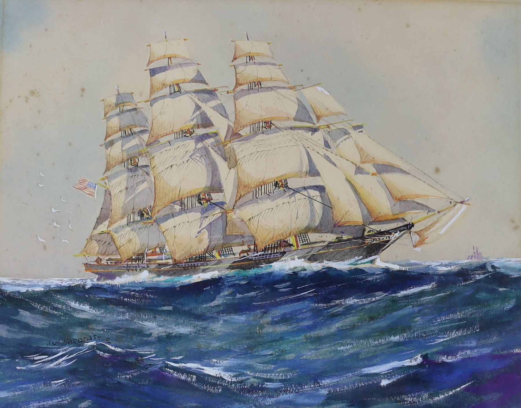 J.W. Hardcastle (1884-1973), pair of watercolours, tallships at sea, one signed, 21 x 27cm.